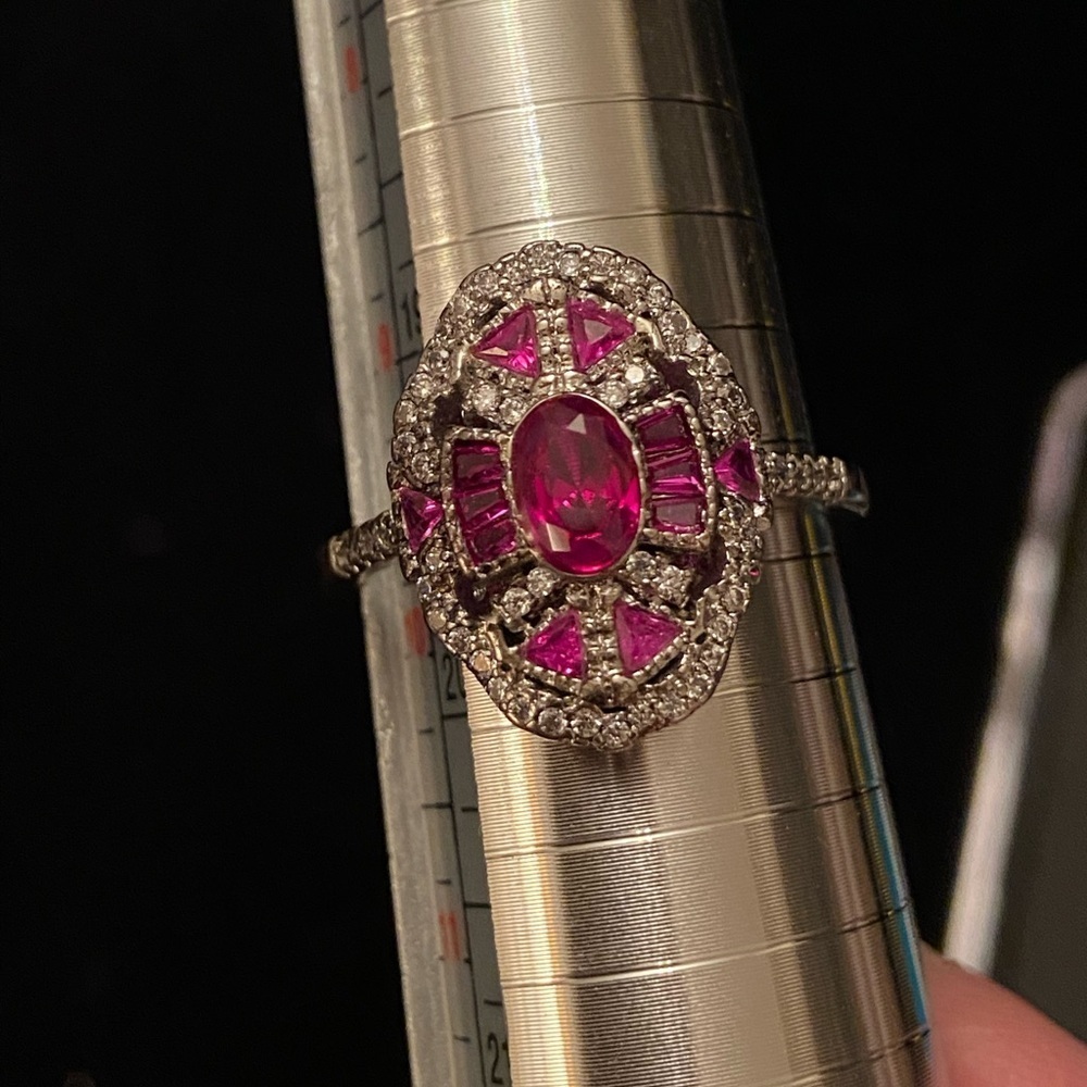 Vintage Art Deco Style Oval Ruby Lab Created Diamond Sterling Silver Ring 9.75 - Picture 9 of 12